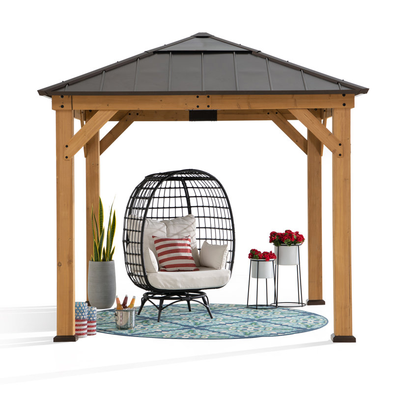 Sunjoy 9 ft.  x 9 ft. Cedar Framed Hardtop Gazebo with Brown Steel & Polycarbonate Pyramid Hip Roof