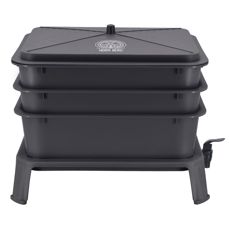 Large Black 4-Tray Plastic Worm Composting Bin with Coco Coir Brick