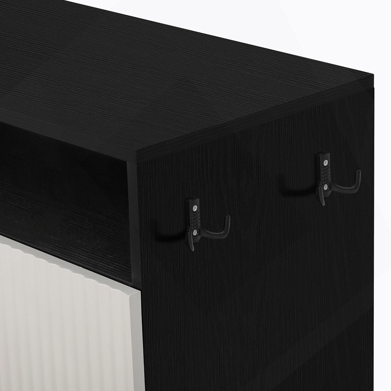 Armoire de salon avec banc à chaussures, 2 portes et 3 tablettes réglables à 3 niveaux, Noir / blanc
