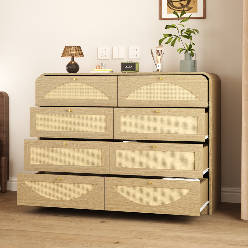 Armoire 8 tiroirs avec façade en rotin, Natural