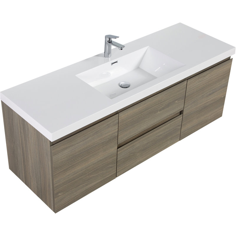 Meuble-lavabo flottant 60 po avec lavabo, meuble-lavabo mural moderne avec lavabo à surface solide et tiroirs à fermeture en douceur 60 po