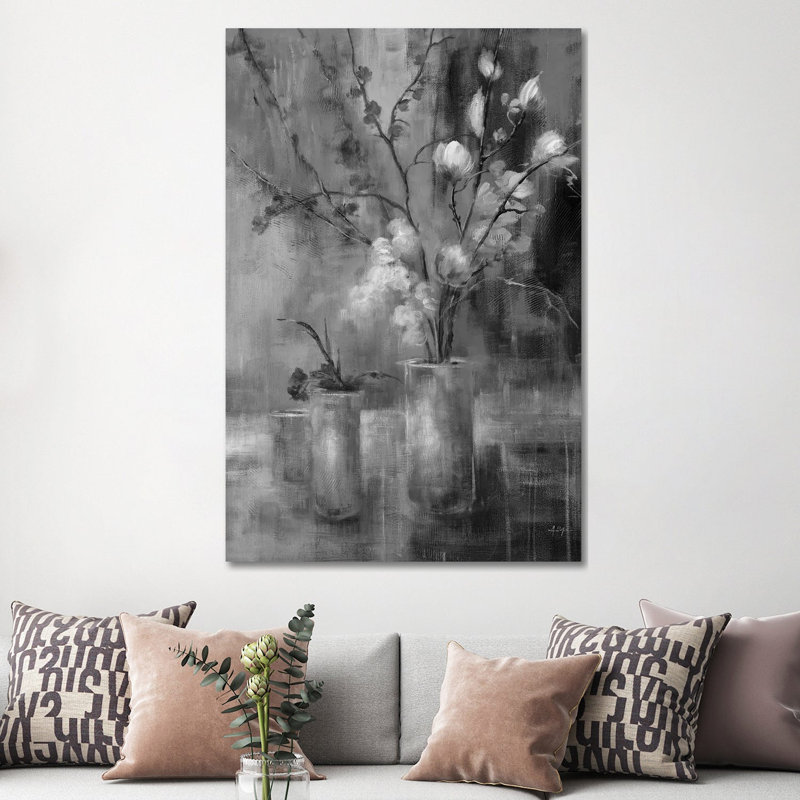 Floral argent, H 60 po x l 40 po, Noir / blanc