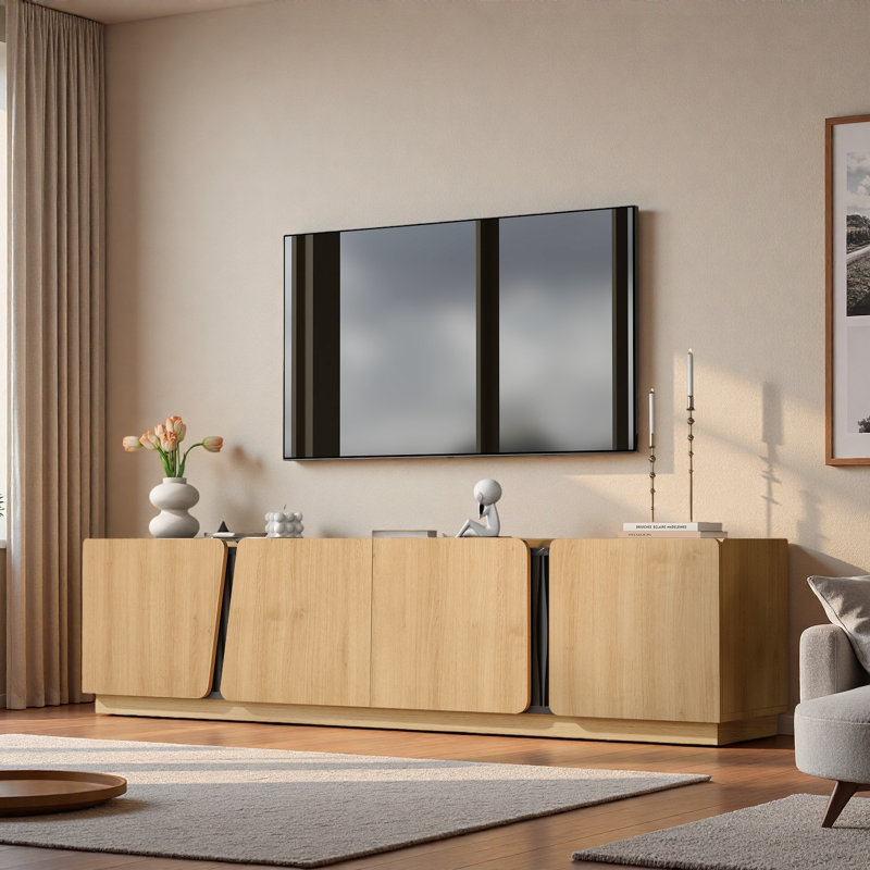 Meuble télé moderne avec coins arrondis, plateau en marbre et tablettes réglables, Chêne