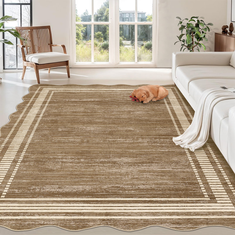 5x7 FT Area Rug, Modern Striped Border Accent Rug, Machine Washable Low Pile Non-Slip Indoor Carpet for Entryway, Bedside, Dorm, Living Room, Brown