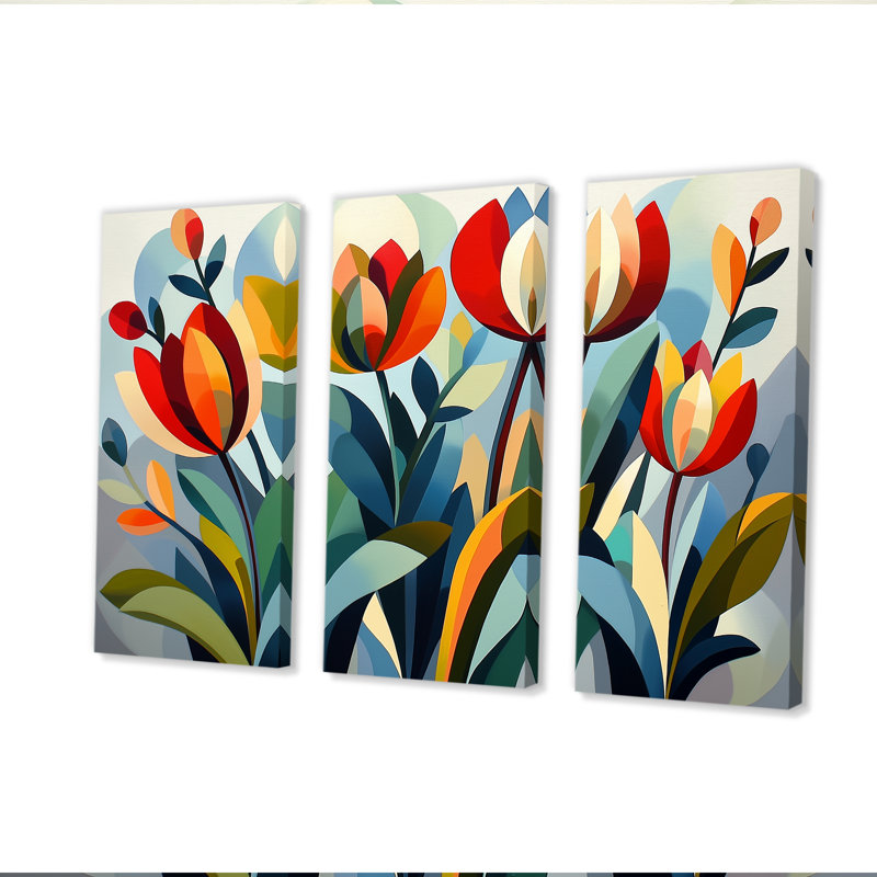 «Green Mid Century Mod Nature Tulip V», ensemble d'art mural abstrait Mid-Century, Toile tendue, H 40 po x l 60 po x P 1 po