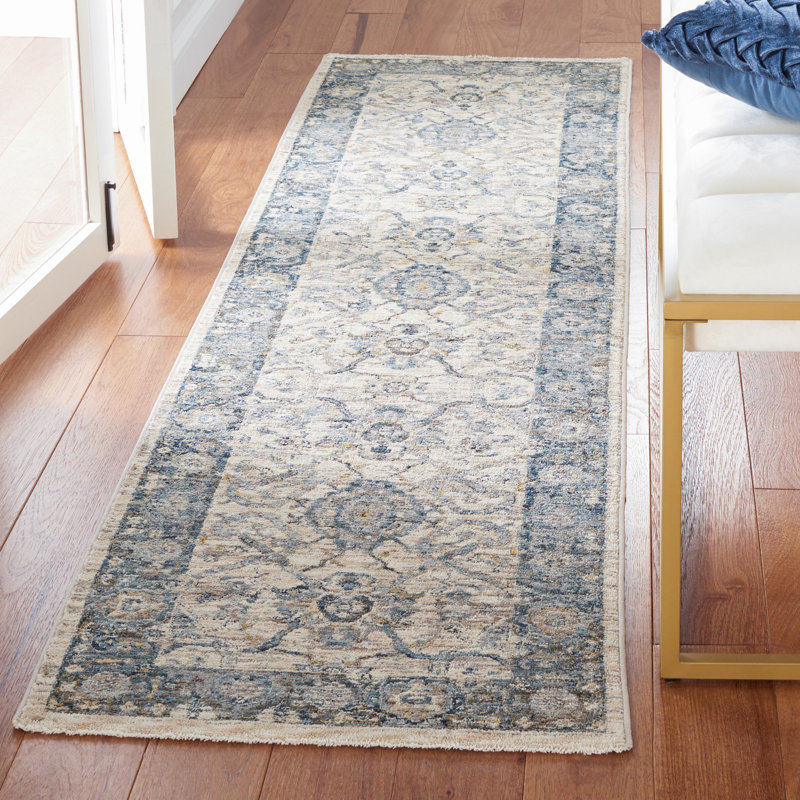 Tapis oriental ivoire / bleu / jaune, Tapis de couloir 2 pi x 8 pi