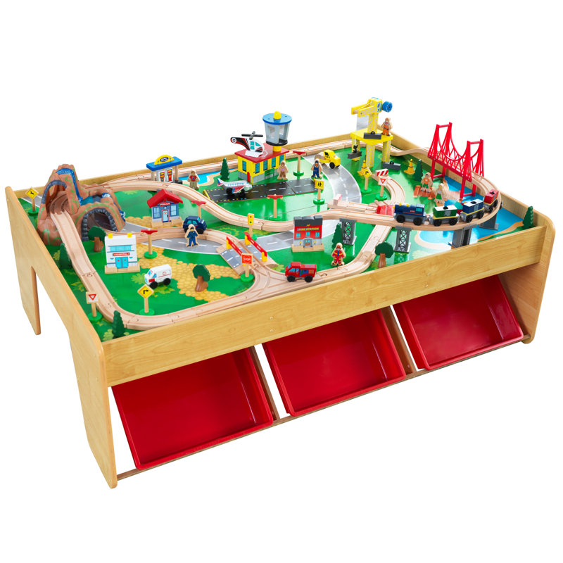 Ensemble de train et table en bois Waterfall Mountain avec 120 pièces, 3 bacs de rangement