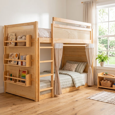 Wood Bunk Bed with Shelves, Curtains, Light Strip and Ladder