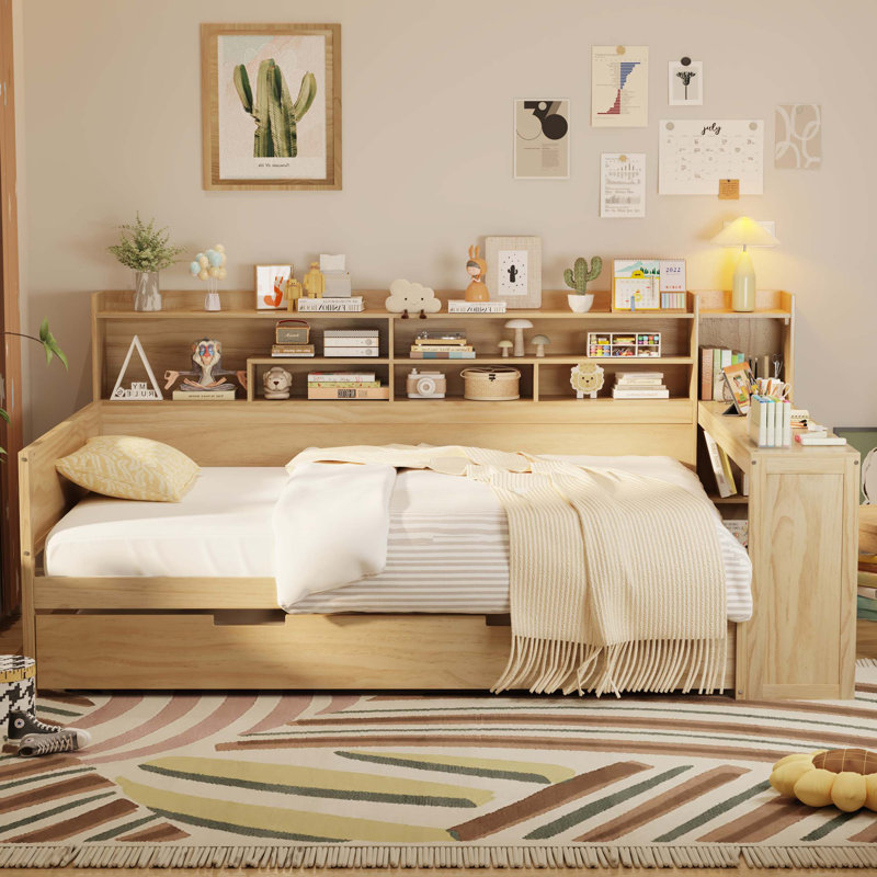 Lit de jour double en bois avec tablettes de rangement, lit multifonctionnel avec lit gigogne simple et bureau