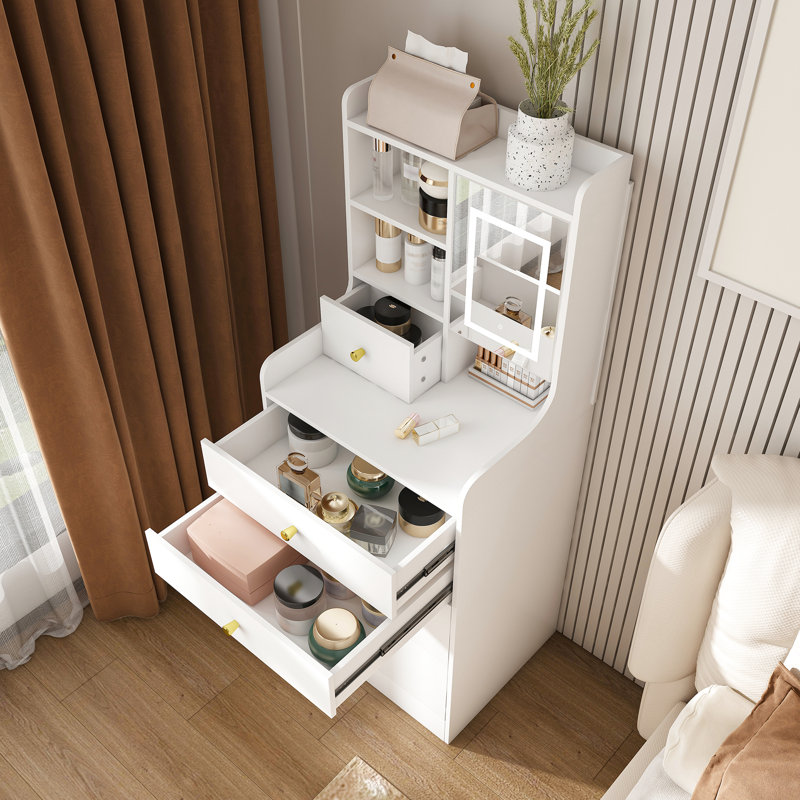 Meuble-lavabo multifonctionnel avec miroir à 3 températures de couleur, tabouret caché et 4 compartiments blancs pour l'organisation de la chambre à coucher Compact 31, tablettes de rangement sous le siège à densité moyenne