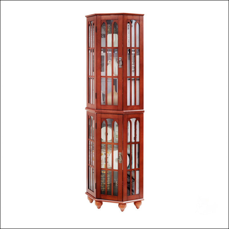 Corner Curio Cabinet With 4 Adjustable Tempered Glass Shelves And Lighting System, Solid Wood Legs, Acrylic Mirrored Back Panel
