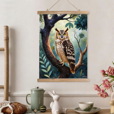 Chouette sur arbre, art mural à volutes suspendues, cintre en bois intégré, 16 x 24