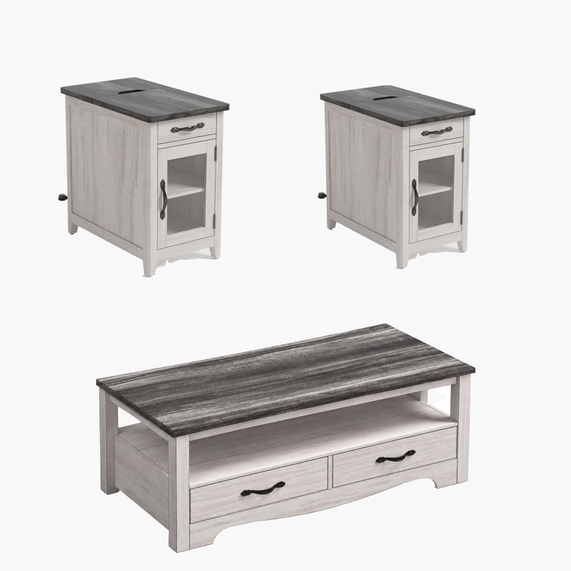 Ensemble de table de salon 3 pièces avec station de charge et de rangement Callison, Bois gris / blanc