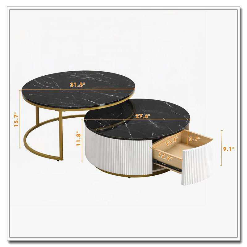 Round Nesting Coffee Table Fluted with Drawer, Black