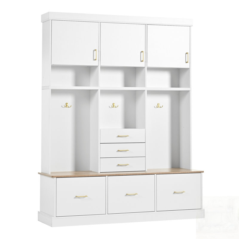 Entryway Hall Tree With Bench And Storage, 5-In-1 Modern Organizer For Hallway, Entryway, Living Room, Mudroom, White