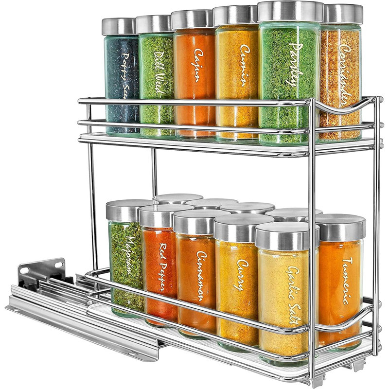 Chrome Pull-out Spice Rack Organizer, 2-tier Slide-out Cabinet Shelf – 4-3/8″ Wide