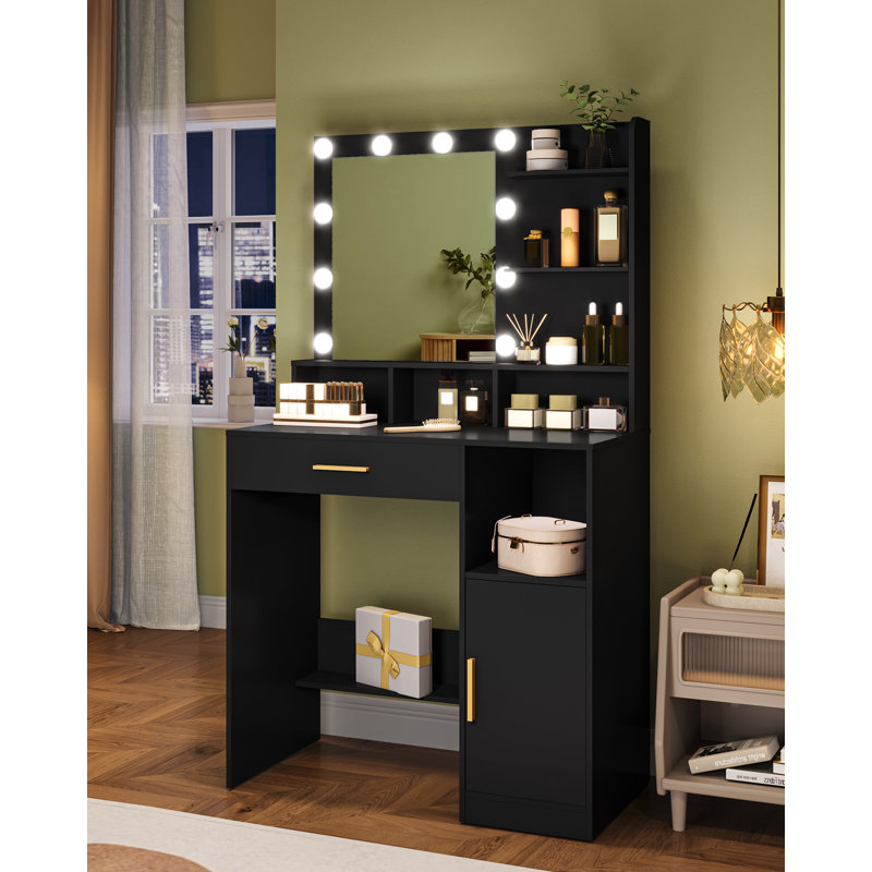 Dressing Table with Mirror and 10 LED Lights, Makeup Vanity with 3 Shelves & 4 Open Compartments, Large Drawer & Cabinet, Adjustable Lighting Brightness