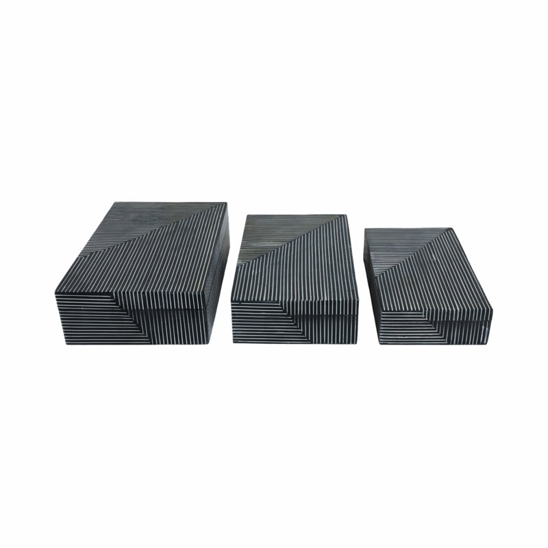 Decorative Boxes Resin Wood Fabric Polyresin MDF Striped Contemporary Modern 12" Blue for Home Office Bedroom Living Room Set of 3.