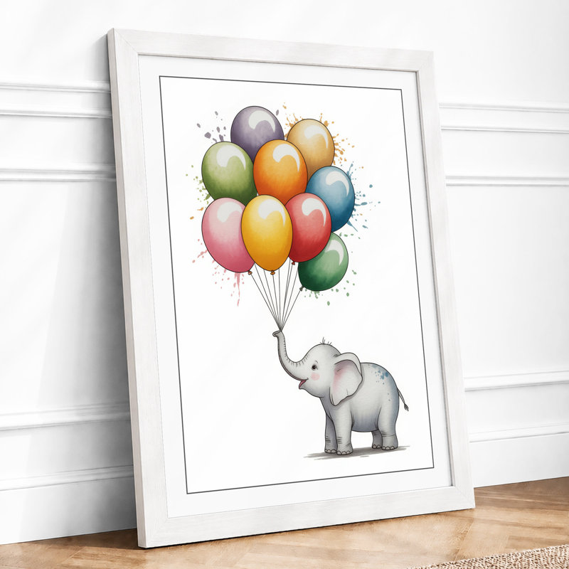 Elephant with Balloons Whimsical - Framed Print, A3 - 42.0 x 29.7 cm, White