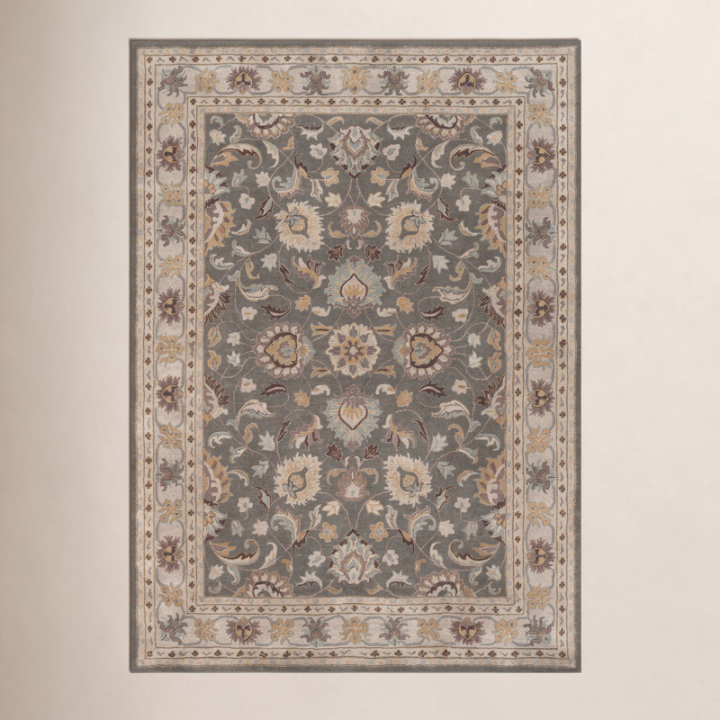 Tapis floral gris anthracite / beige clair / jaune en laine touffetée fabriqué à la main Arden, Rectangle 10 pi x 14 pi