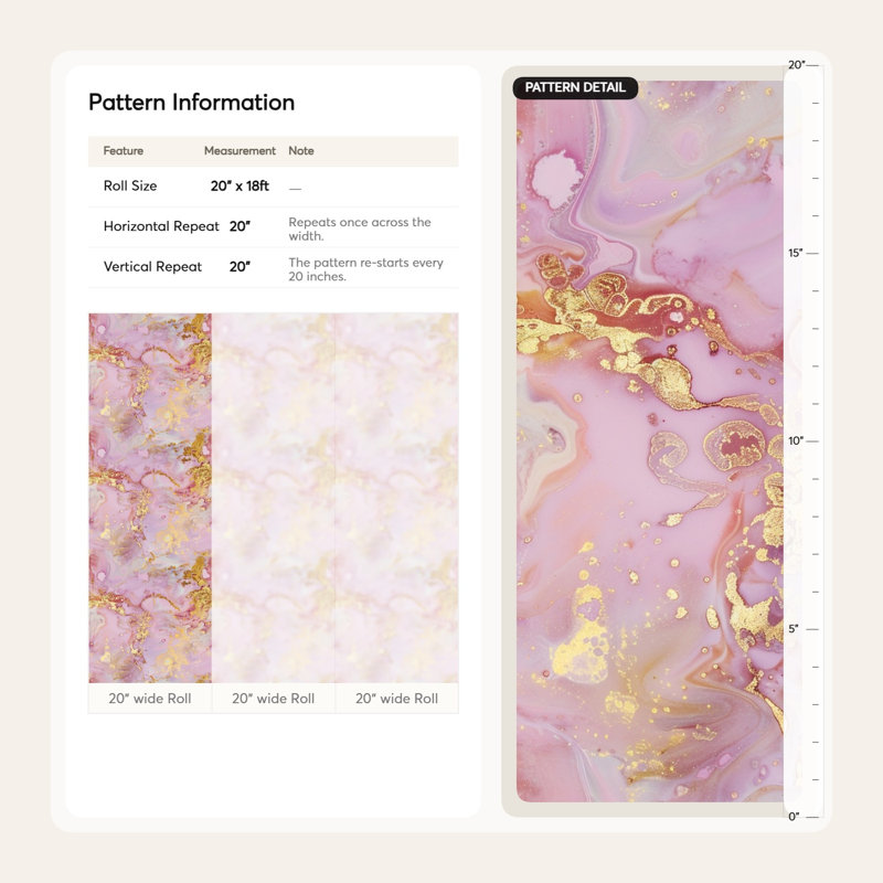 Rouleau de papier peint marbré luxueux rose et or Bryelle