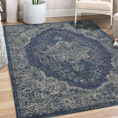 FH Home Outdoor Rug Runner - Waterproof Easy to Clean Stain Resistant - Patio Indoor Outdoor Porch Deck Balcony Entryway - Vintage Distressed - Gorgan - Blue - 2ft 7in x 4ft 11in