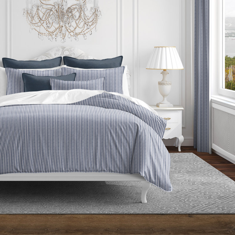 Walker Ticking Stripe Indigo/White Cotton Coverlet Set, Full Coverlet / Bedspread + 2 Standard Shams