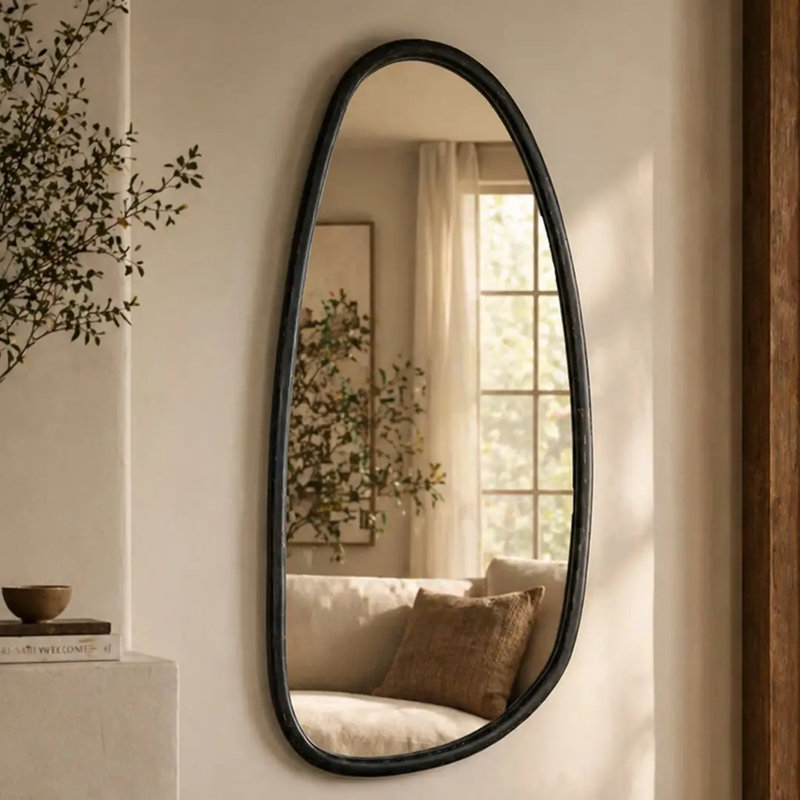 Miroir mural 28 po x 60 po avec cadre en bois de manguier noir délavé, finition noire