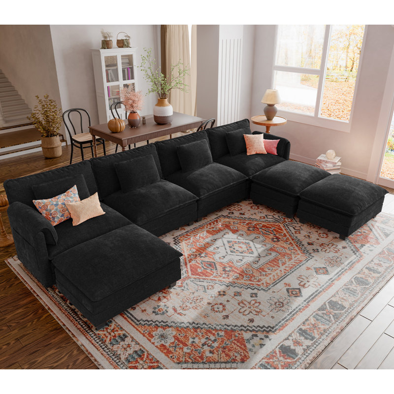 7-Piece 153'' U-Shaped Comfy Cloud Modular Sectional Sofa With Deep Seat, 4-Seat Sofa With Removable Ottomans-Chenille Fabric-Black