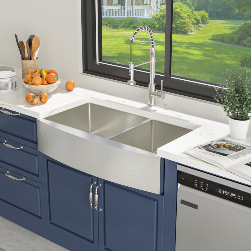 33" L x 20" W Farmhouse/Apron Kitchen Sink 60/40 Double Bowl Stainless Steel Kitchen Sinks with Sink Grid
