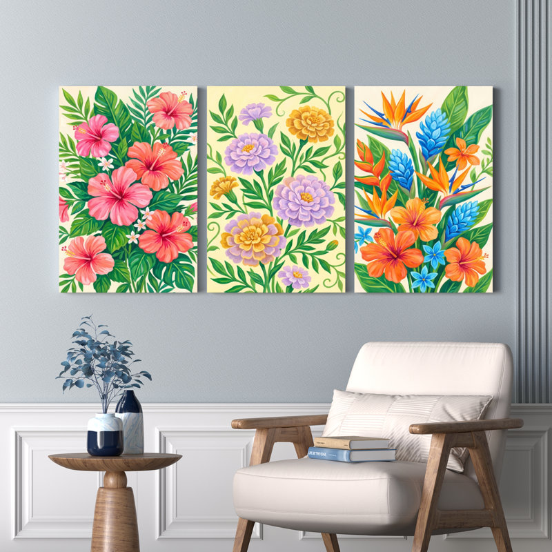 Ensemble de 3 tableaux sur toile représentant des fleurs et des feuilles tropicales, idéal pour la décoration du salon et de la chambre.