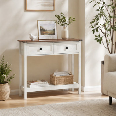 Farmhouse Style Console Table with 2 Drawer and Bottom Storage Shelf for Entryway, Rustic Side Table with Storage Drawer and Shelf for Living room, Ha