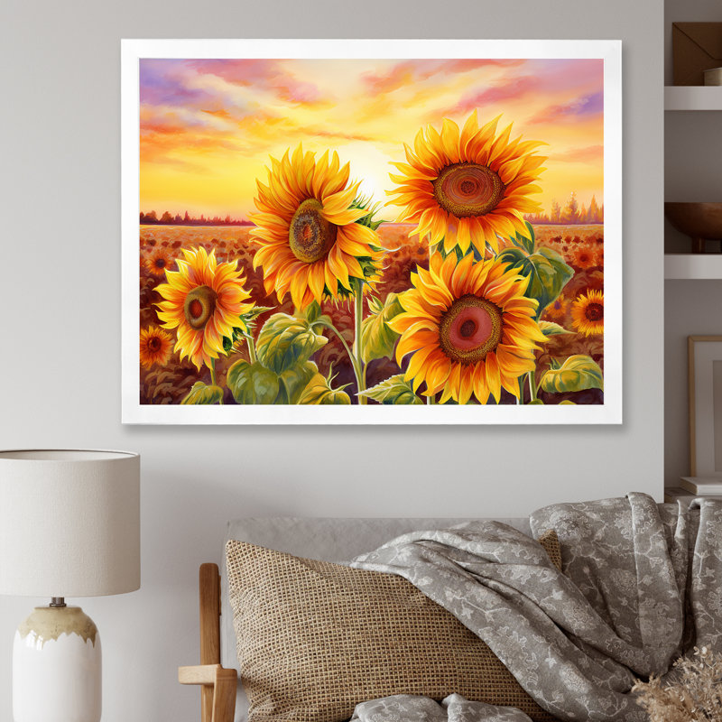 «Burning Sunset Sunflowers Field» sur toile, H 34 po x l 44 po x P 1,5 po, Cadre photo blanc
