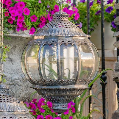 19in. Tall Large Hanging Round Iron/Glass Terrarium/Lantern with Stand