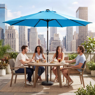 Parasol de table solaire 10 pi avec lumières, parasol de table d'extérieur | 32 DEL, 8 nervures en fer robustes, manivelle et inclinaison à bouton-poussoir, sans base, pour piscine de jardin
"