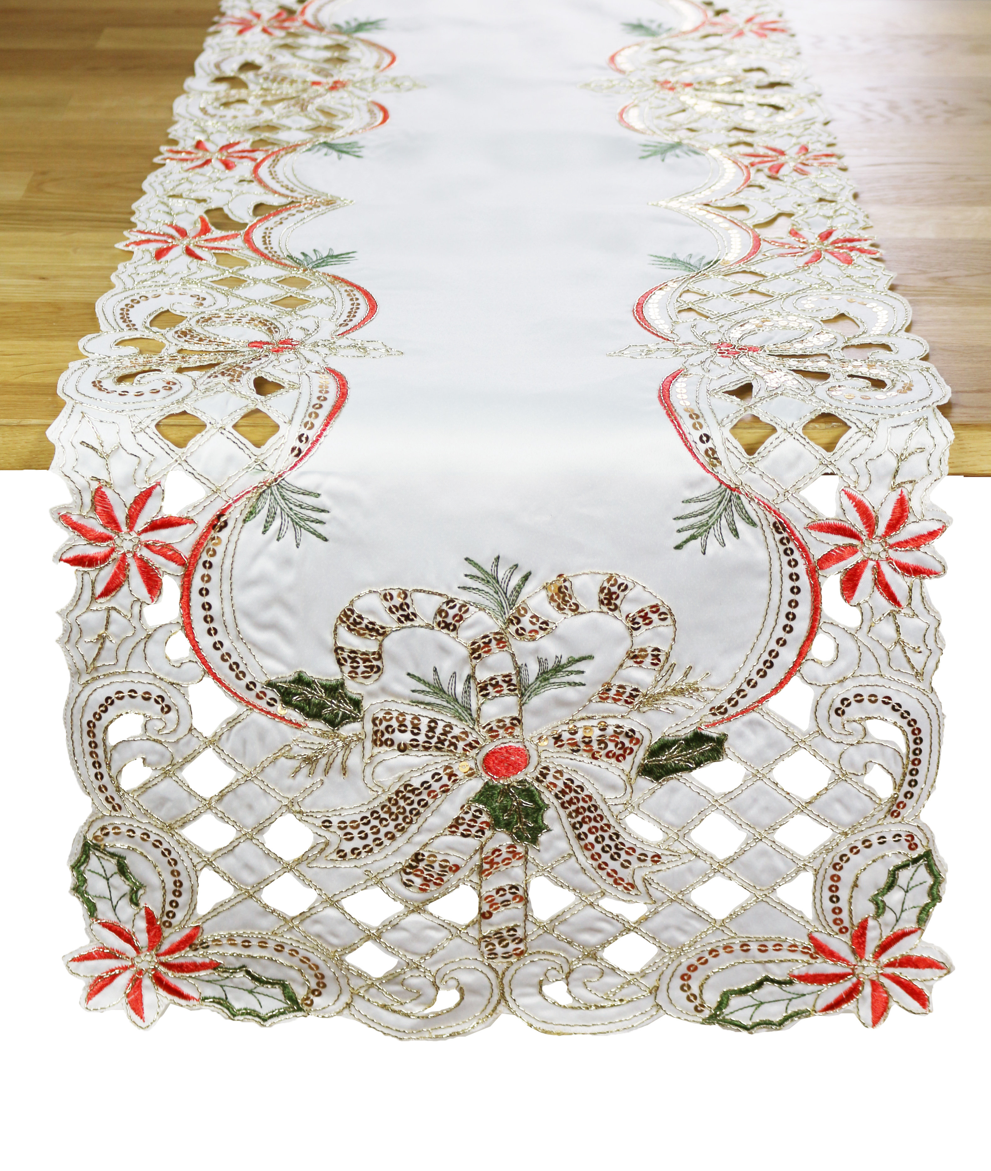 Red Embroidered Sequin Candy Cane Holly Ribbon Cutwork Table Runner The Holiday Aisle Color: Ivory, Size: 108 x 16