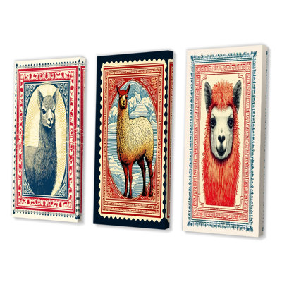 3 Pieces on Canvas - Stamp Retro Illustration Of Alpaca Portrait II