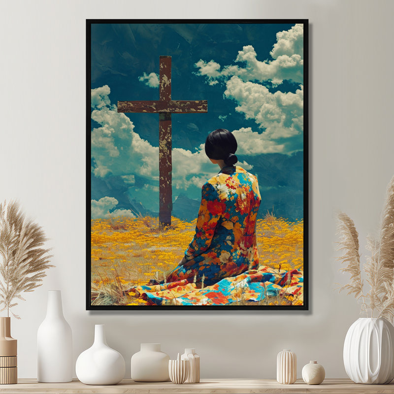 «Blue Sky Mourning», art mural paysage religieux, Toile noire avec cadre flottant, H 20 po x l 12 po