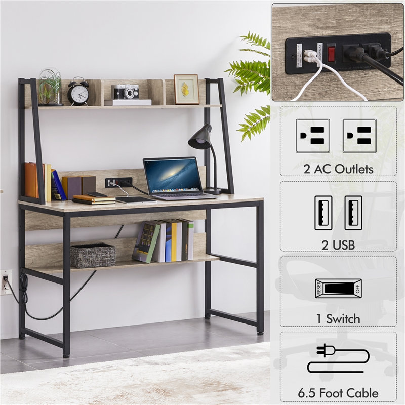Metal Base Writing Desk with Power Outlet, Gray