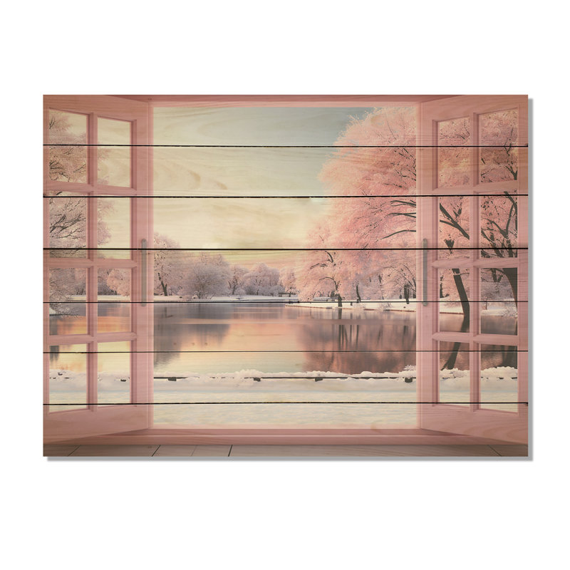 Pink Winter Window By The Lake - Winter Landscape On Wood Print, 10" H x 20" W x 0.78" D