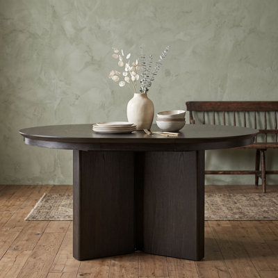 Table de salle à manger ovale extensible avec pied central à panneaux, bords arrondis et patins ajustables