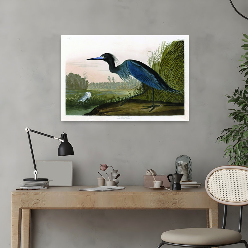 Grue bleue, oiseau abstrait, paysage côtier, art, H 16 po x l 24 po