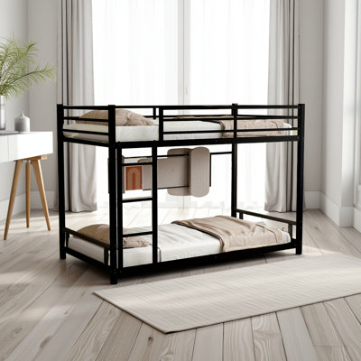 Low Profile Heavy-duty Metal Twin Over Twin Bunk Bed – Noise-reduced With 3-step Ladder & Safety Guardrail (no Box Spring Needed),black
