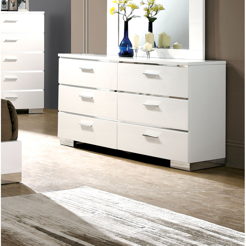 Commode double 6 tiroirs avec miroir Donnellson, Blanc