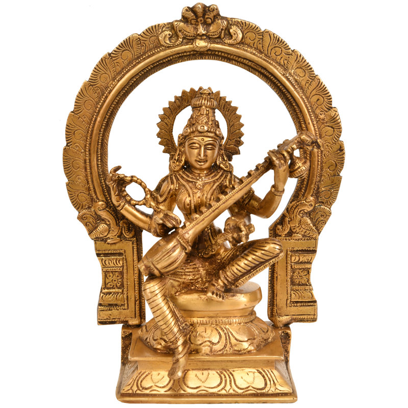 Statue de déesse Saraswati 9 "assise sur un trône avec statue florale en laiton Aureole - déesse indoue fabriquée à la main pour le temple