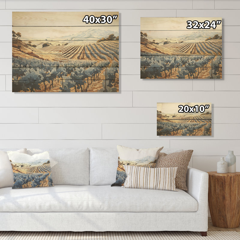Minimalism Vineyard Dreamscape - Vineyard Wood Panel Wall Art On Natural Pine Wood, 24" H x 32" W