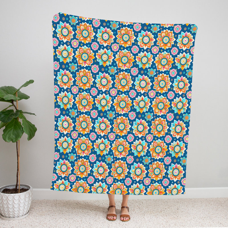 Throw Blanket, 51" W x 60" L, Floral/Abstract, Orange/Blue/Pink