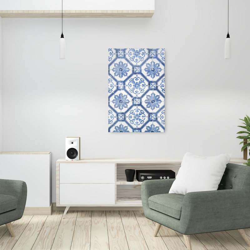 Motif azulejo bleu à motif géométrique classique, H 36 po x l 24 po