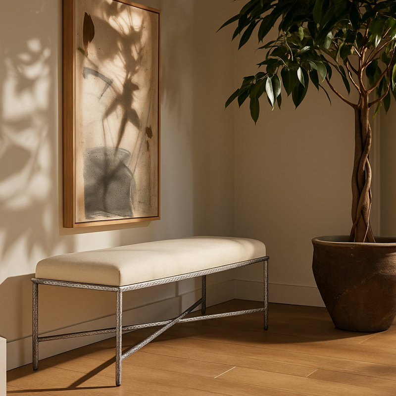 Banc en tissu Iyania Chenille, Tissu chenille crème, Argent argent