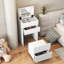 Meuble-lavabo 3 en 1 avec miroir ouvert, petit ensemble de coiffeuse avec bureau en verre visible, coiffeuse compacte avec 3 tiroirs, coiffeuse pour chambre à coucher